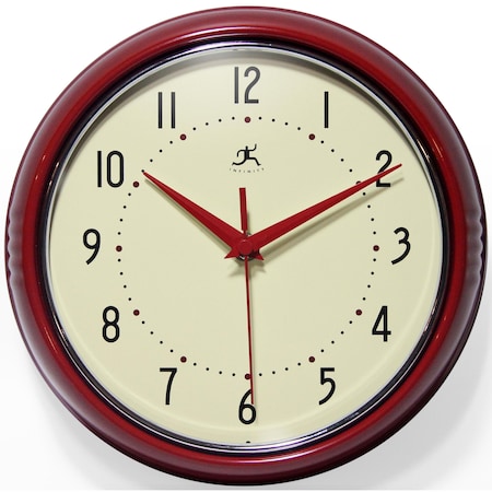 Infinity Instruments Retro Round Red - 9.5" Retro Metal Wall Clock 10940-RED